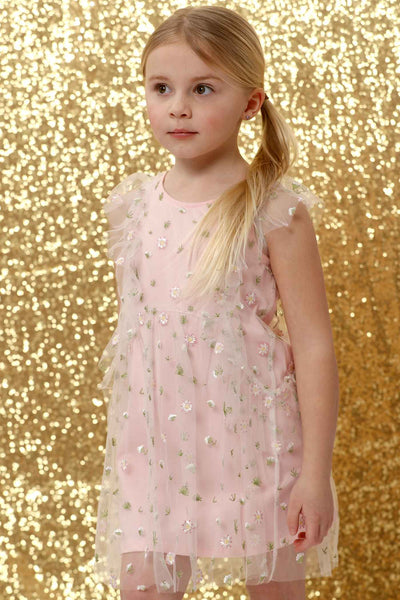 Truly Me Pink Little Girls Floral Embroidery Mesh Dress