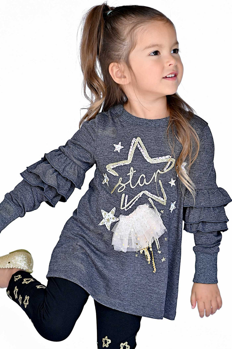 Truly Me Little Girls Long Sleeve Glitter Star Tunic Top