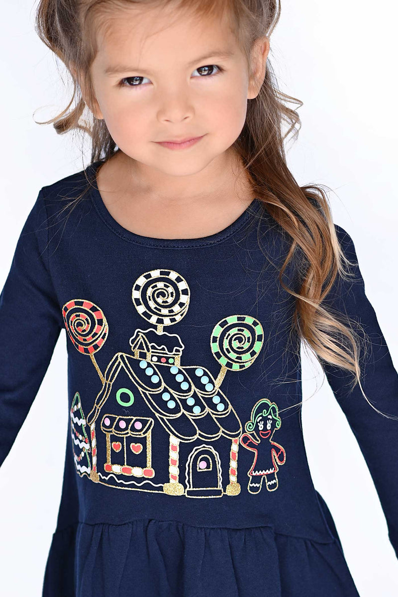 Truly Me Little Girls Gingerbread House Long Sleeve Dress