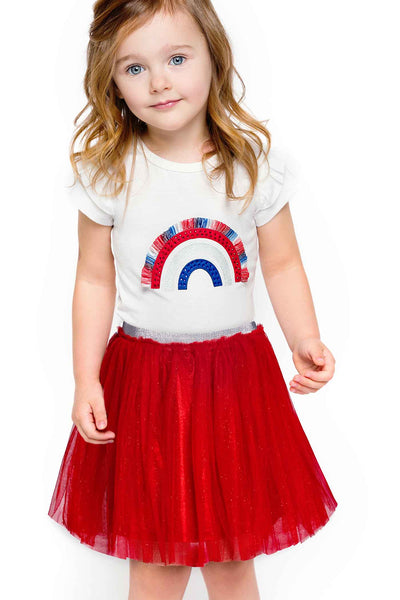 Little Girls Truly Me 4th of July USA America Merica Patriotic Themed Short Sleeve T-shirt Shirt Top Tee Rainbow Embroidered frayed tassel fun fashion for kids
