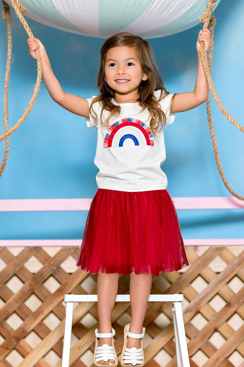 Little Girls Truly Me 4th of July USA America Merica Patriotic Themed Short Sleeve T-shirt Shirt Top Tee Rainbow Embroidered frayed tassel fun fashion for kids