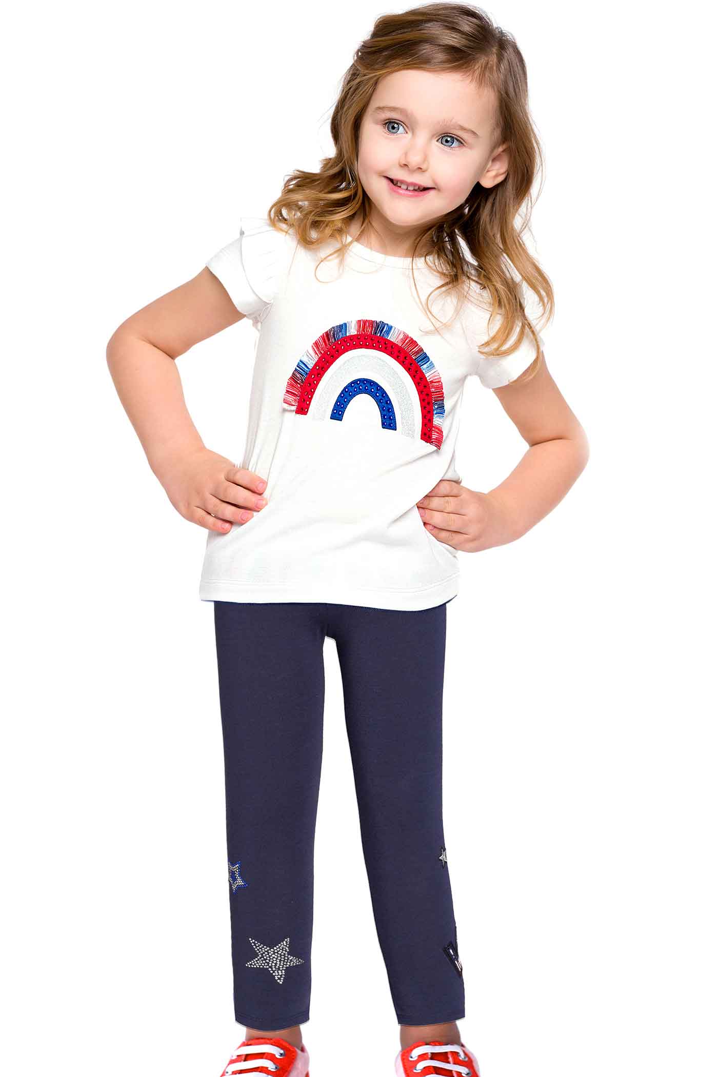 Little Girls Truly Me 4th of July USA America Merica Patriotic Themed Short Sleeve T-shirt Shirt Top Tee Rainbow Embroidered frayed tassel fun fashion for kids