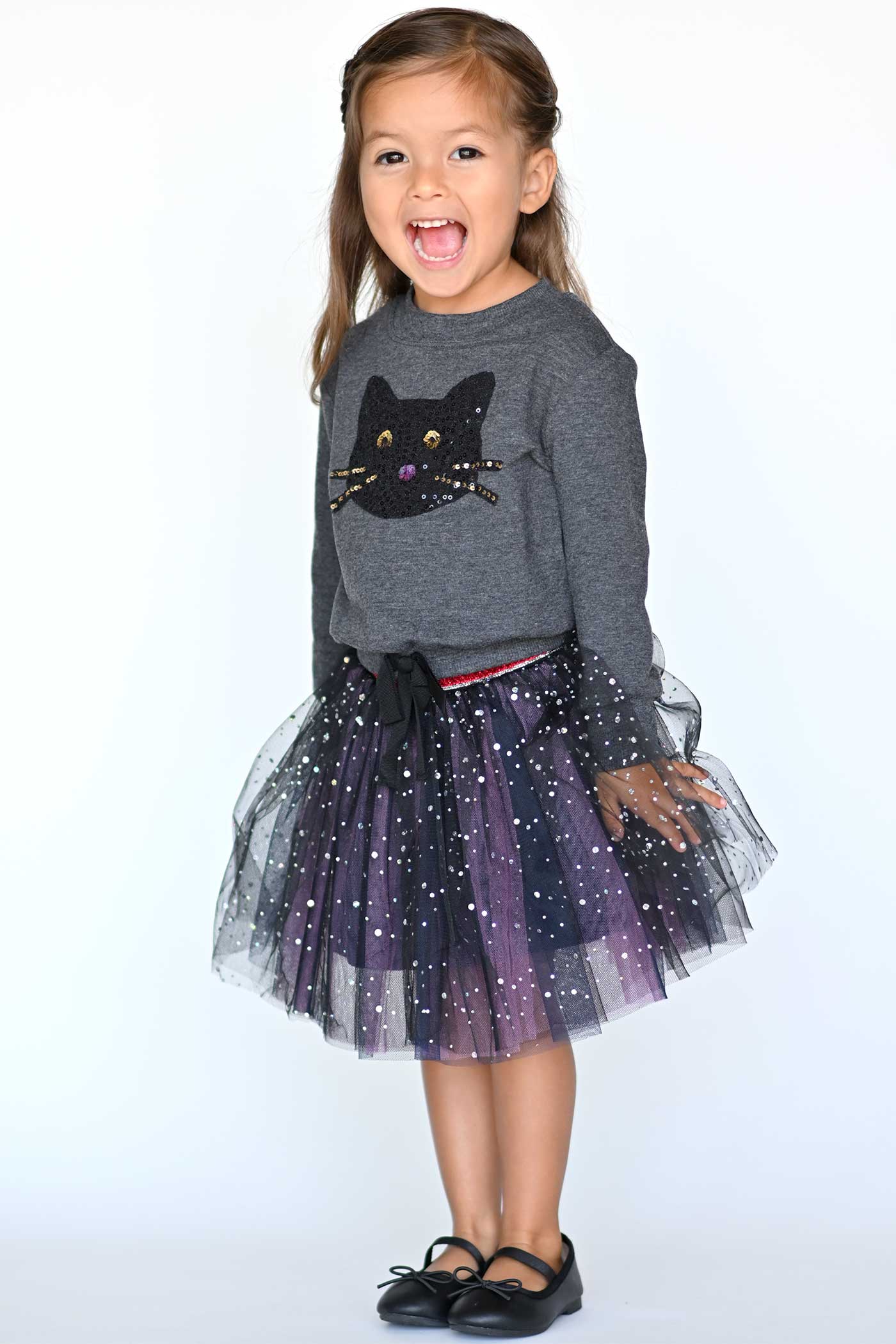 Truly Me Infant Girls Sequin Black Cat Halloween Sweatshirt