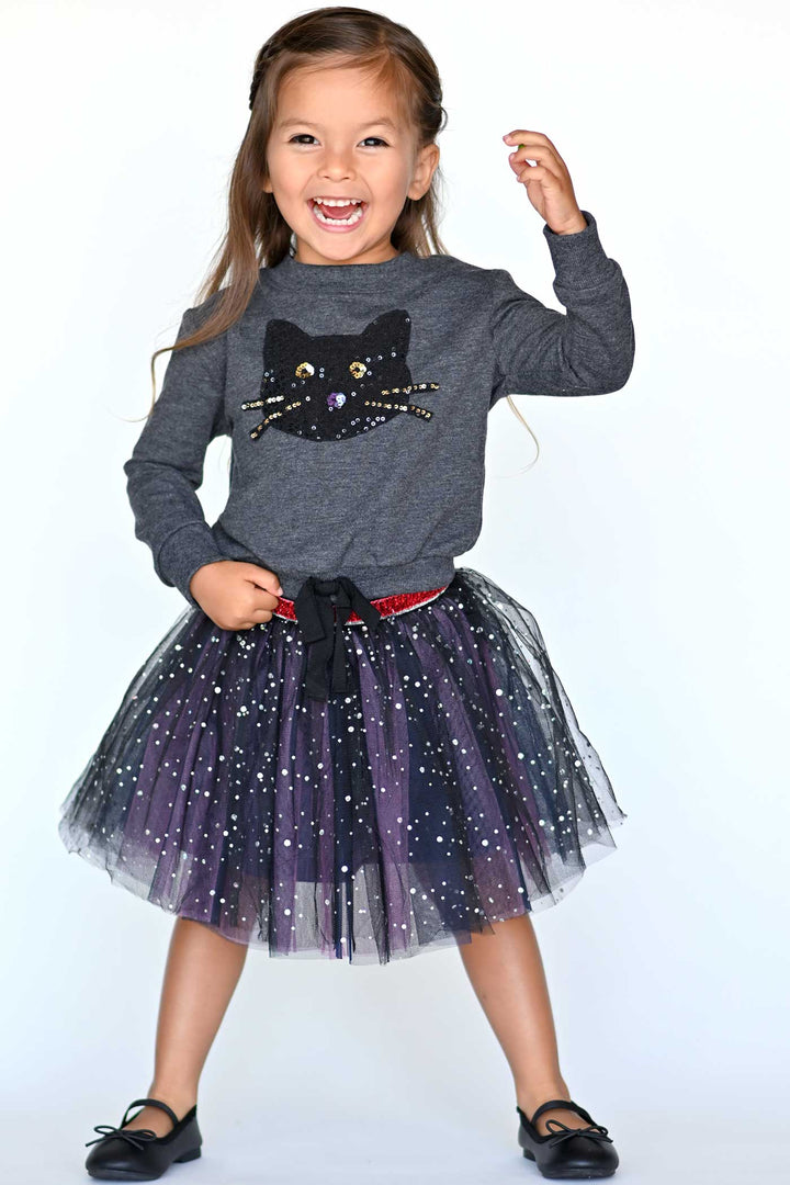 Truly Me Infant Girls Sequin Black Cat Halloween Sweatshirt