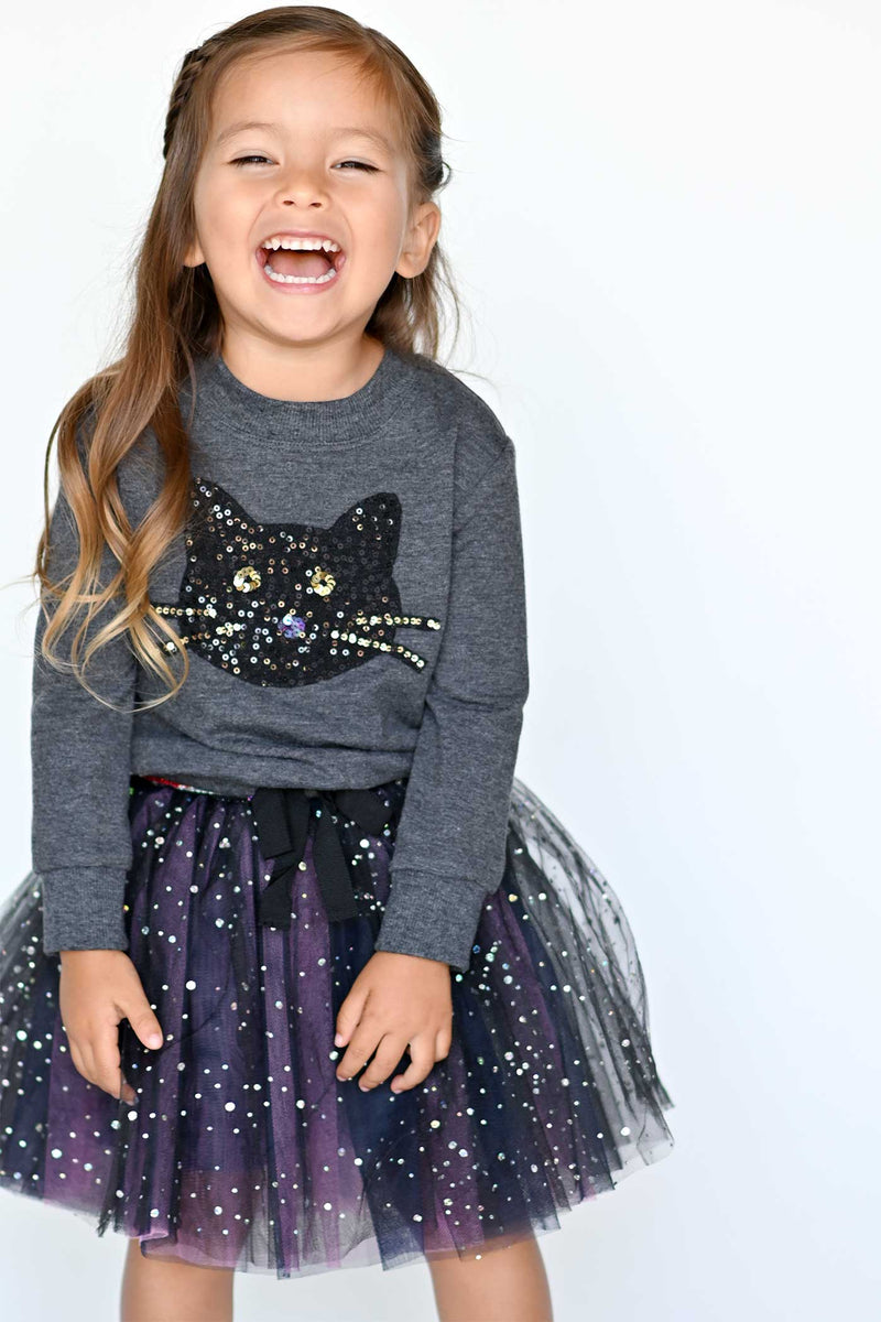 Truly Me Infant Girls Sequin Black Cat Halloween Sweatshirt