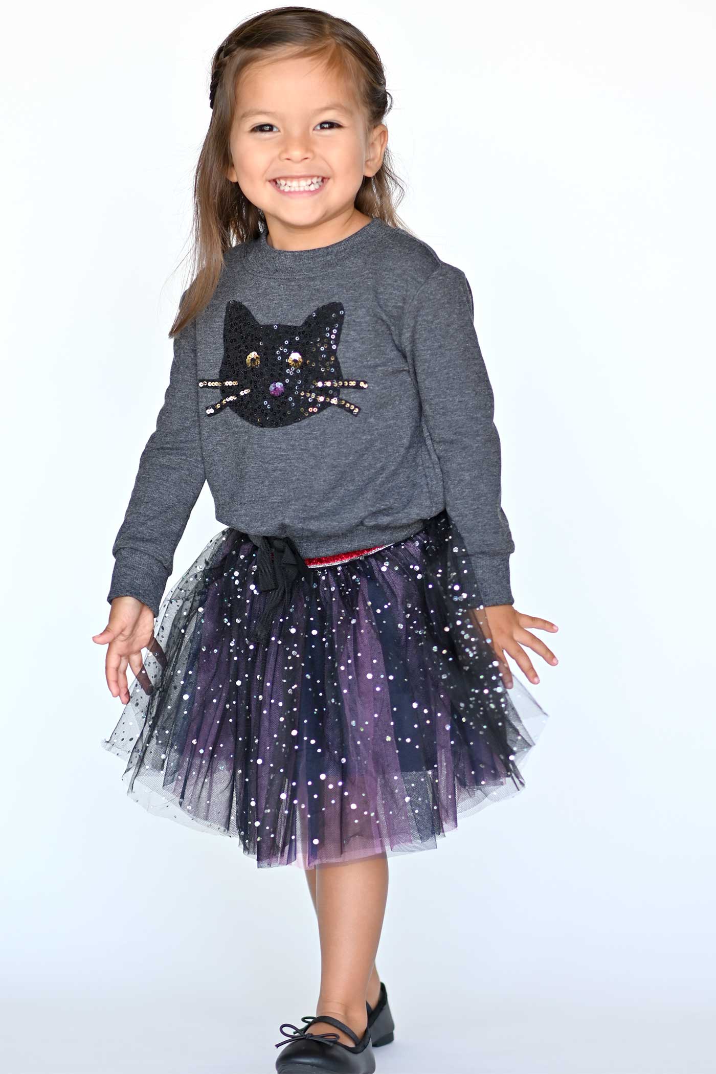 Truly Me Infant Girls Sequin Black Cat Halloween Sweatshirt