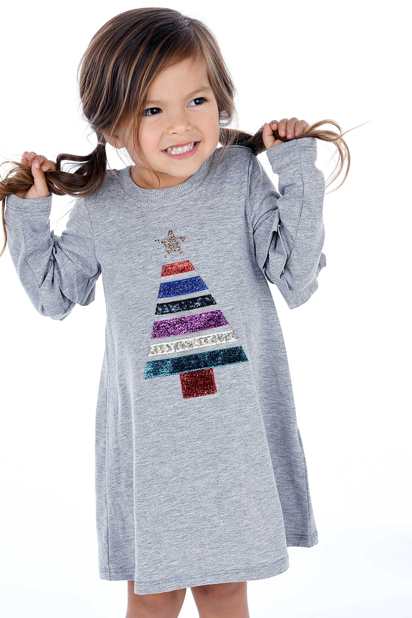Truly Me Little Girls Christmas Tree Long Sleeve Dress