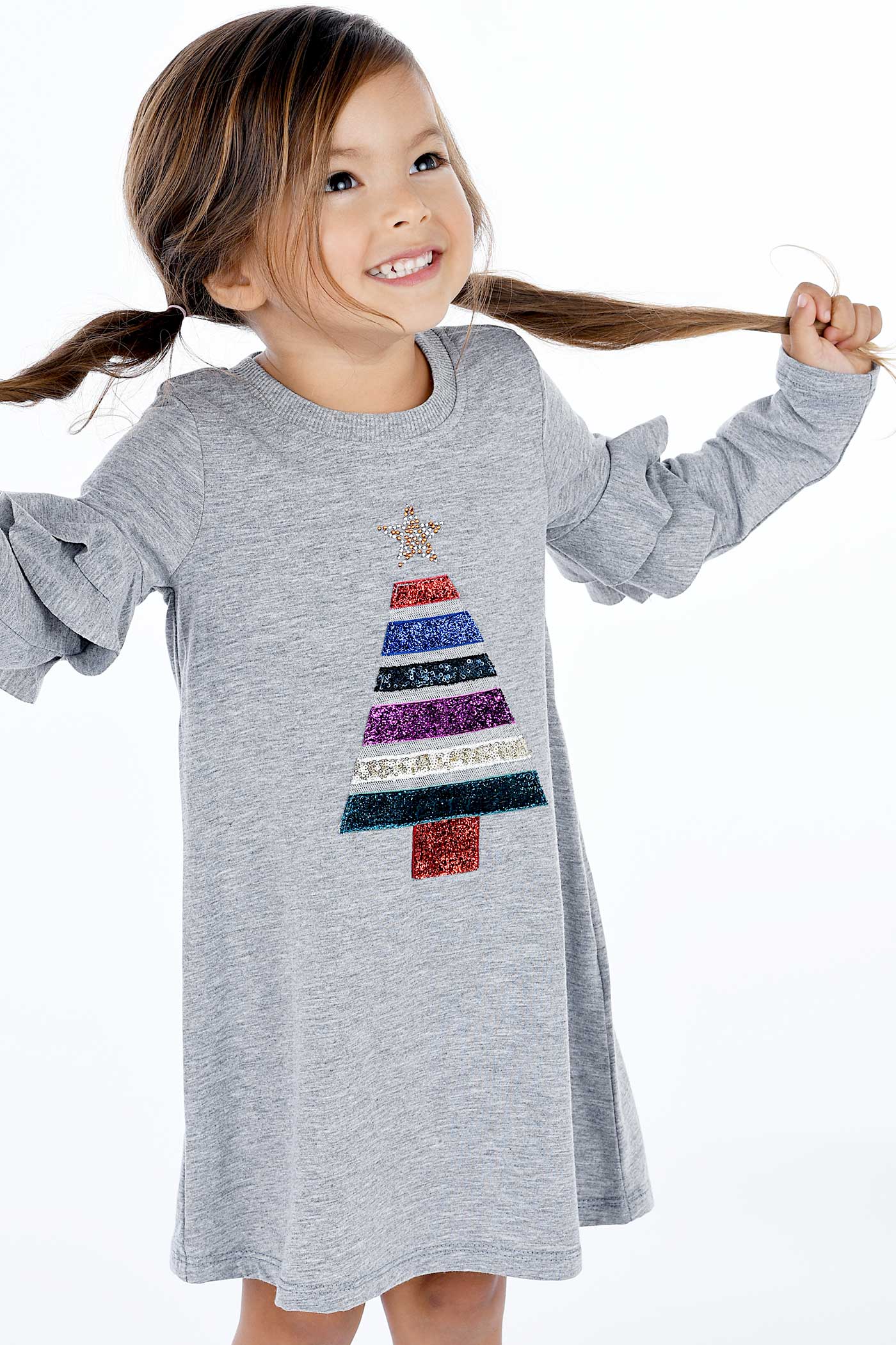 Truly Me Little Girls Christmas Tree Long Sleeve Dress