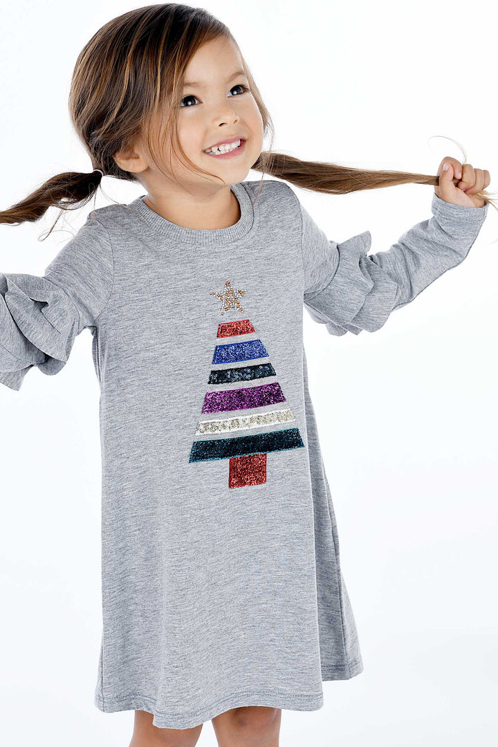 Truly Me Little Girls Christmas Tree Long Sleeve Dress