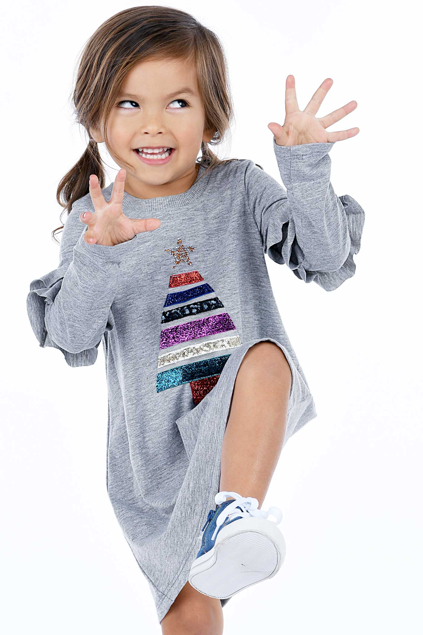 Truly Me Little Girls Christmas Tree Long Sleeve Dress