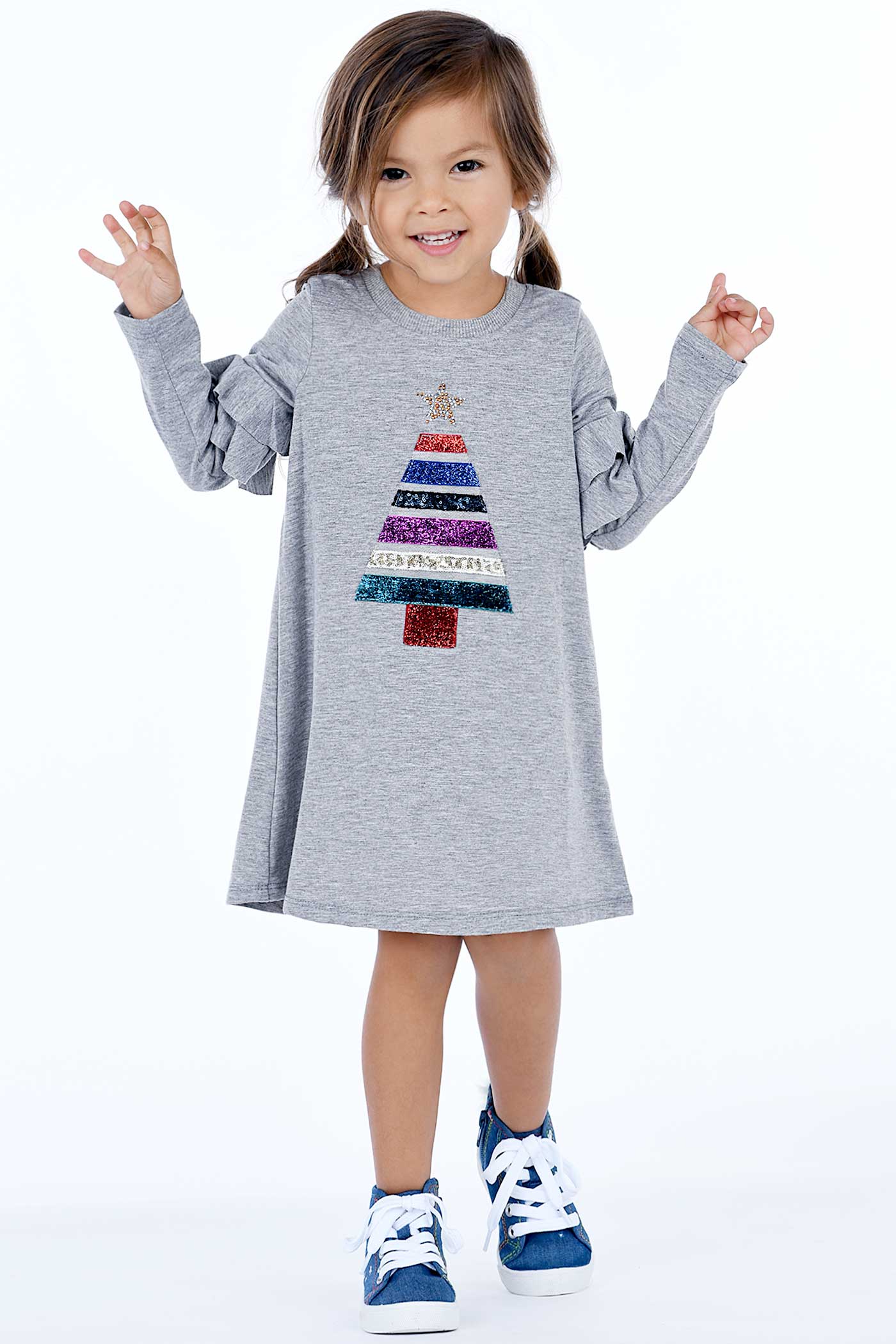 Truly Me Little Girls Christmas Tree Long Sleeve Dress