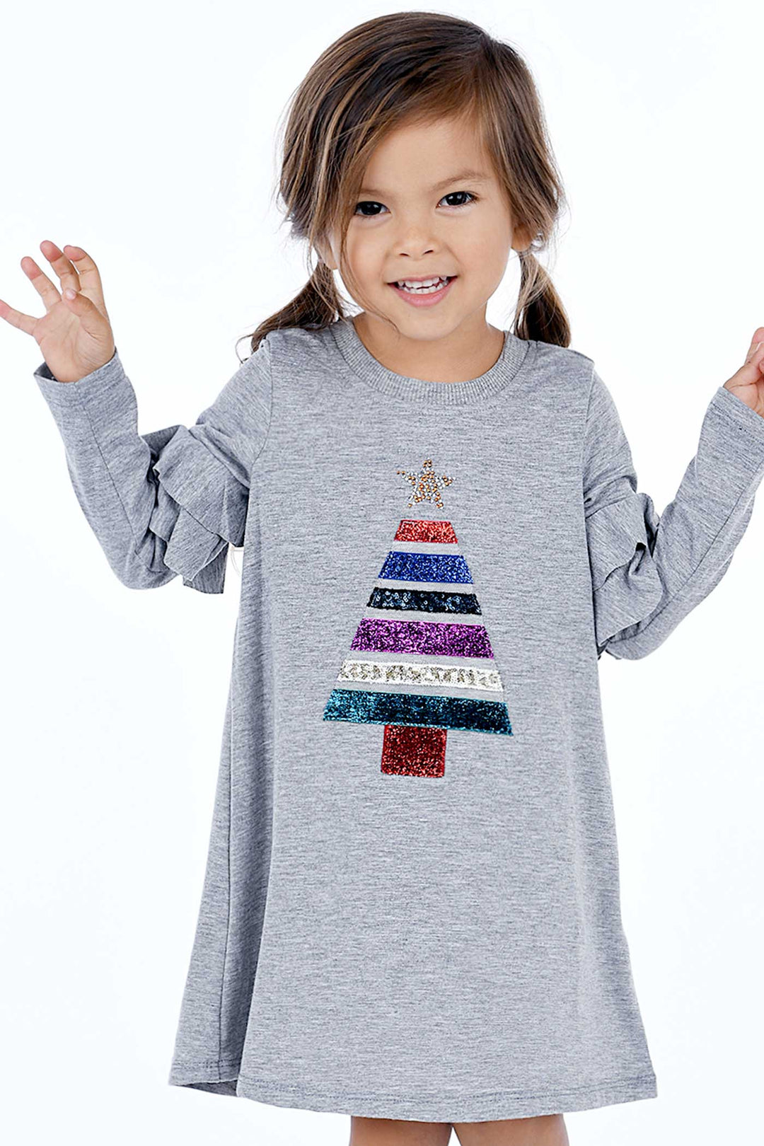 Truly Me Little Girls Christmas Tree Long Sleeve Dress