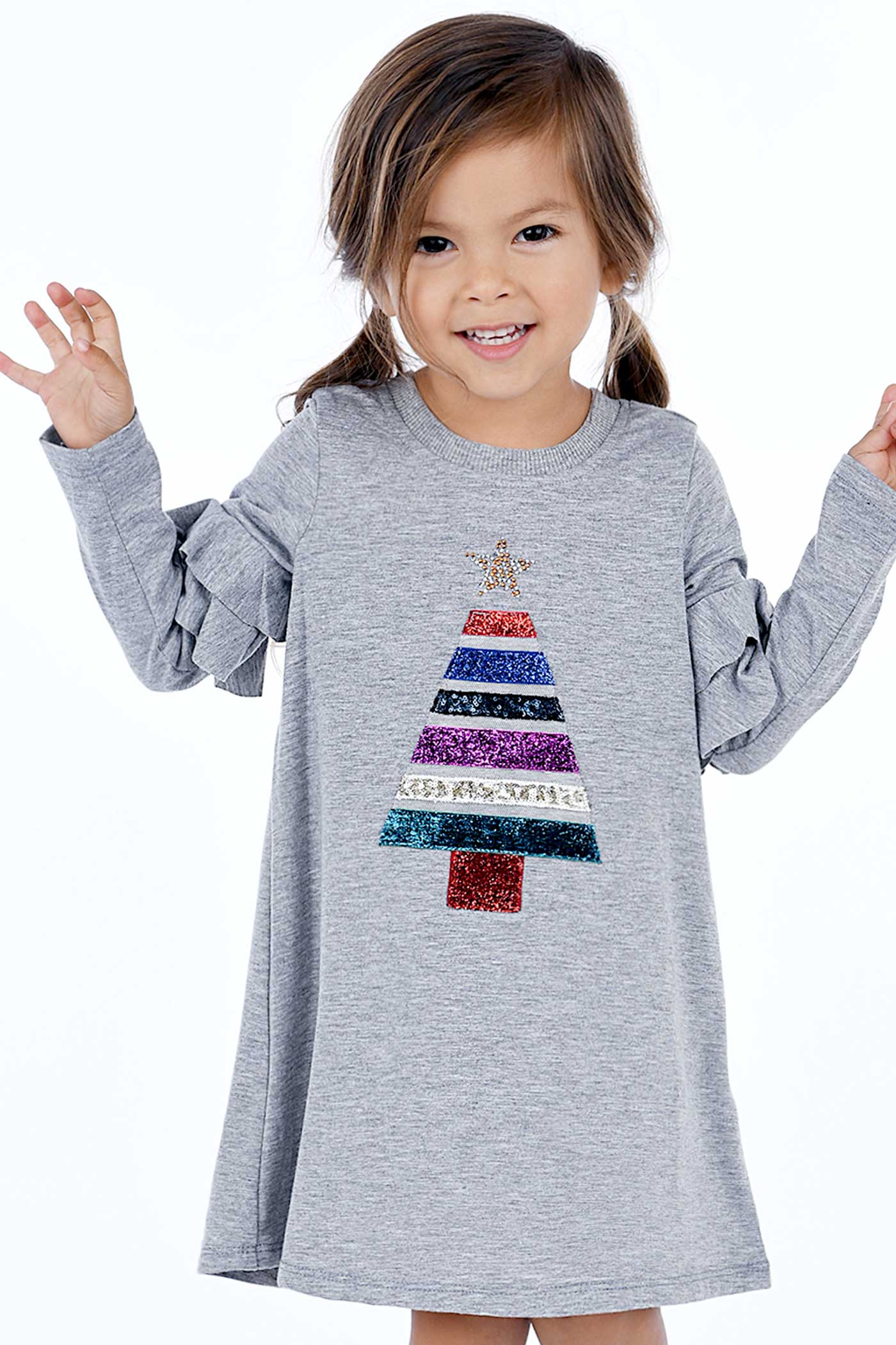 Truly Me Little Girls Christmas Tree Long Sleeve Dress