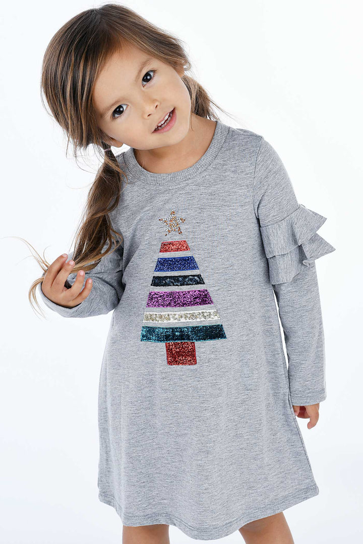 Truly Me Little Girls Christmas Tree Long Sleeve Dress