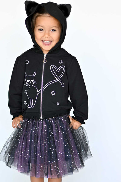 Little Girls Black Kitty Halloween Hoodie Jacket