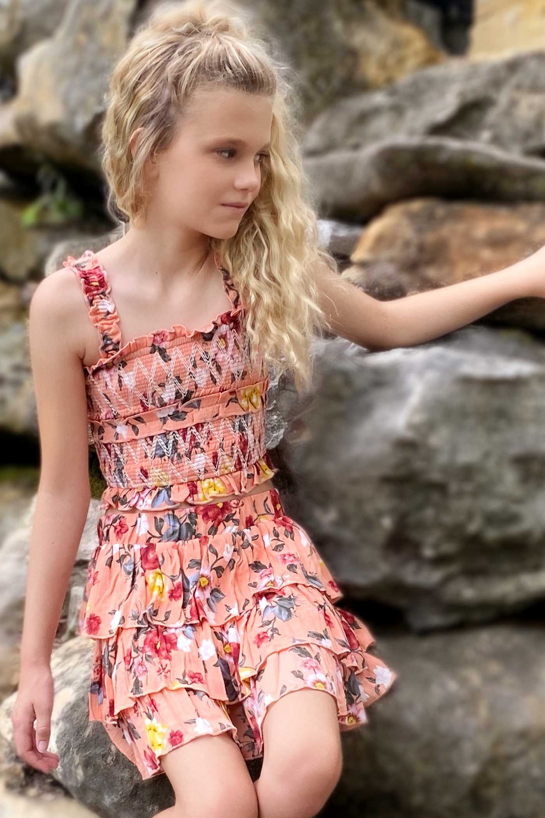 Truly Me Big Girls Three Ruffle Tiered Floral Print Skirt