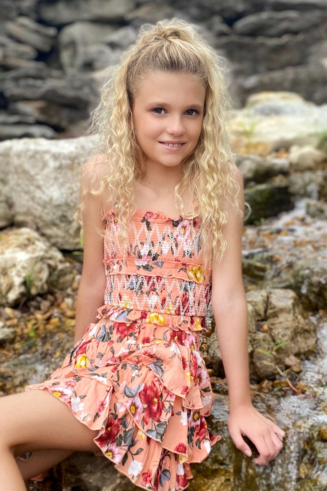 Truly Me Big Girls Three Ruffle Tiered Floral Print Skirt