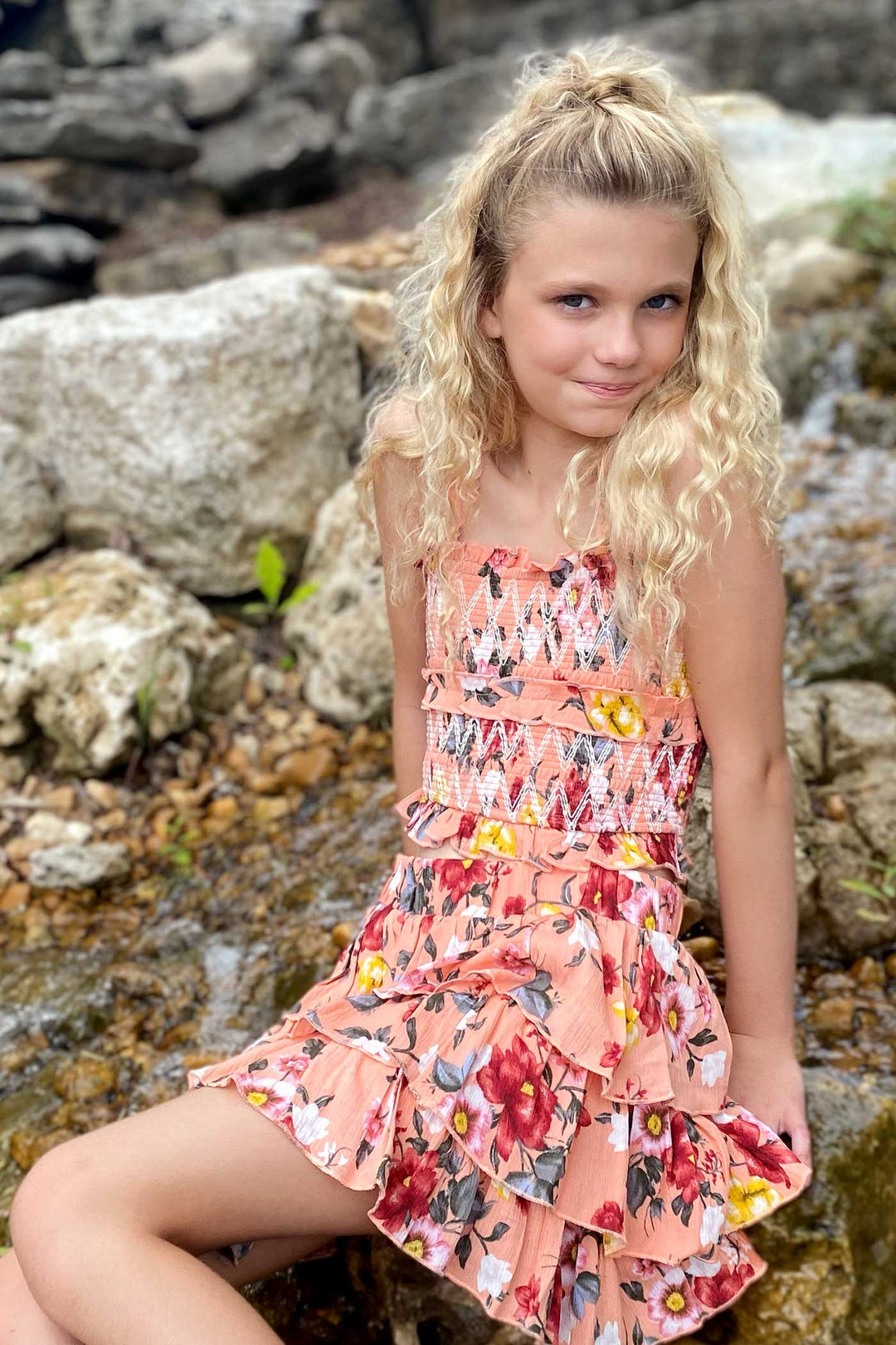 Truly Me Big Girls Three Ruffle Tiered Floral Print Skirt