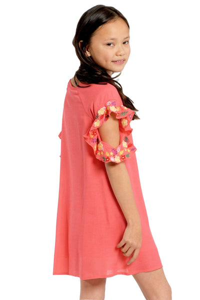 Big Girls Flower Embroidered Ruffle Shift Dress