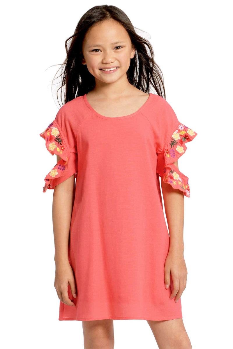 Big Girls Flower Embroidered Ruffle Shift Dress