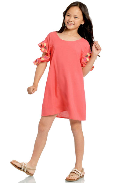 Big Girls Flower Embroidered Ruffle Shift Dress