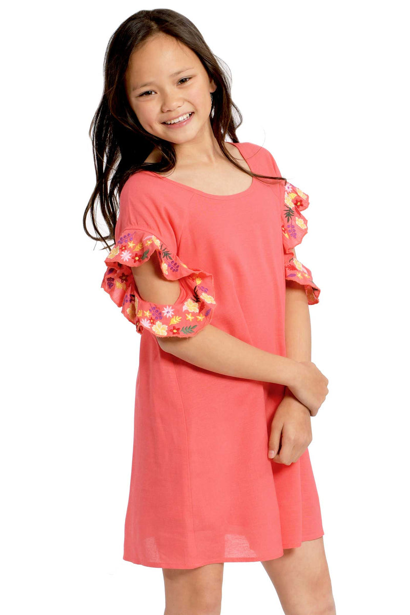 Big Girls Flower Embroidered Ruffle Shift Dress