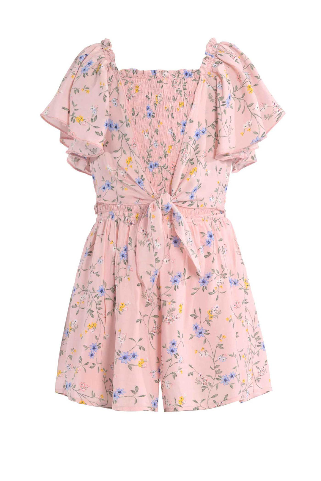 Big Girls Tie Front Floral Print Smocked Romper