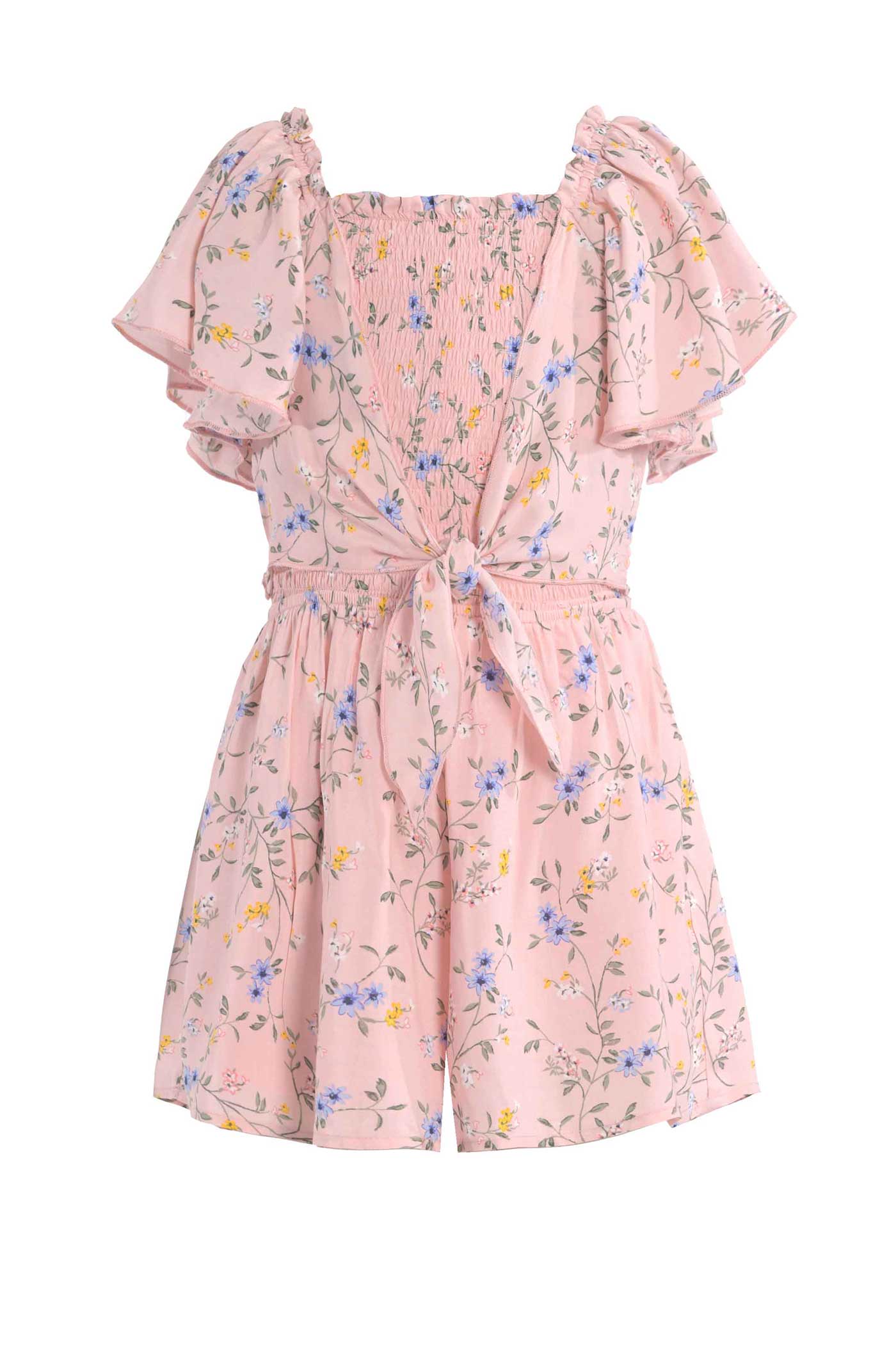 Big Girls Tie Front Floral Print Smocked Romper