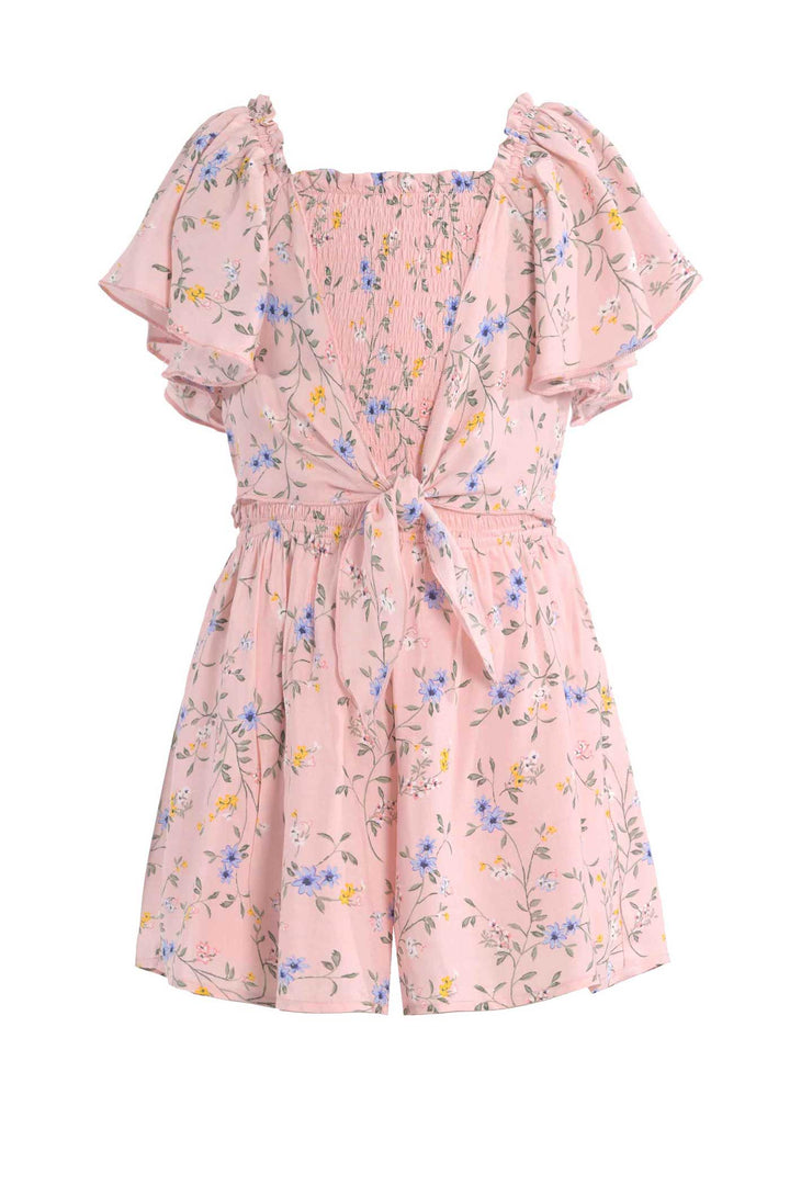 Big Girls Tie Front Floral Print Smocked Romper