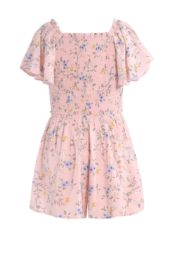 Big Girls Tie Front Floral Print Smocked Romper