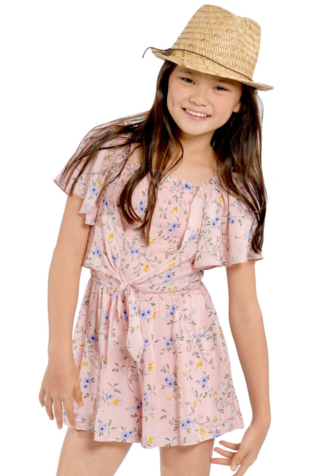Big Girls Tie Front Floral Print Smocked Romper