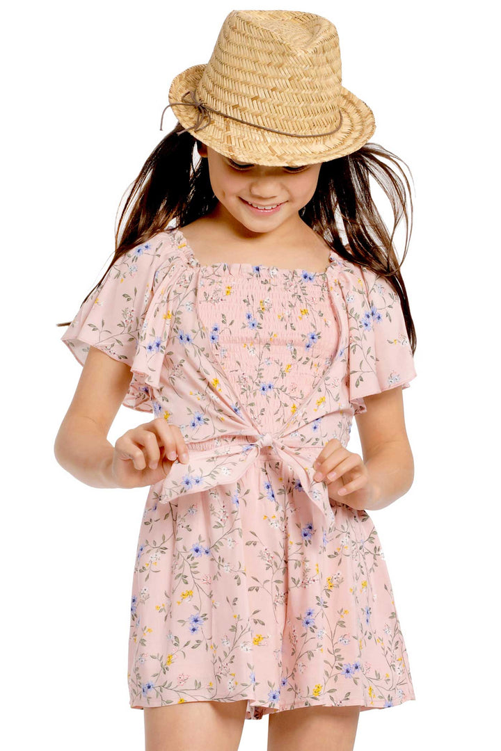 Big Girls Tie Front Floral Print Smocked Romper