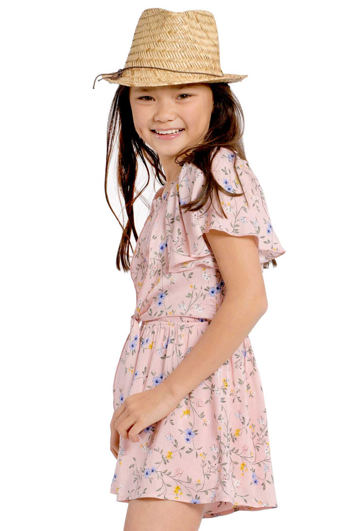 Big Girls Tie Front Floral Print Smocked Romper