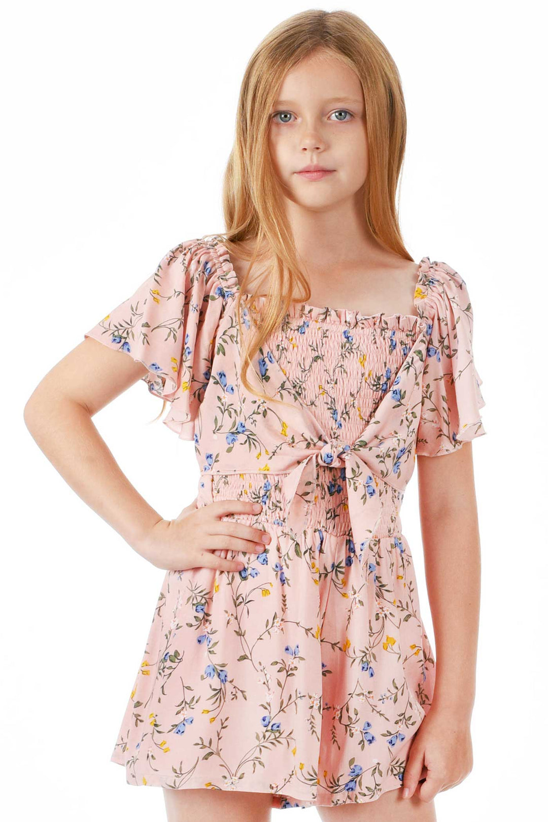 Big Girls Tie Front Floral Print Smocked Romper