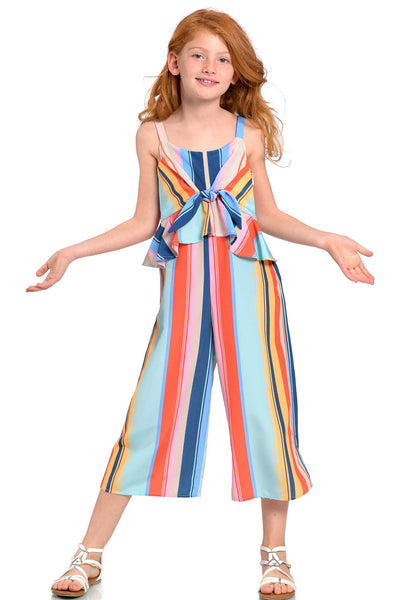 big girls tie front color stripe summer jumpsuit