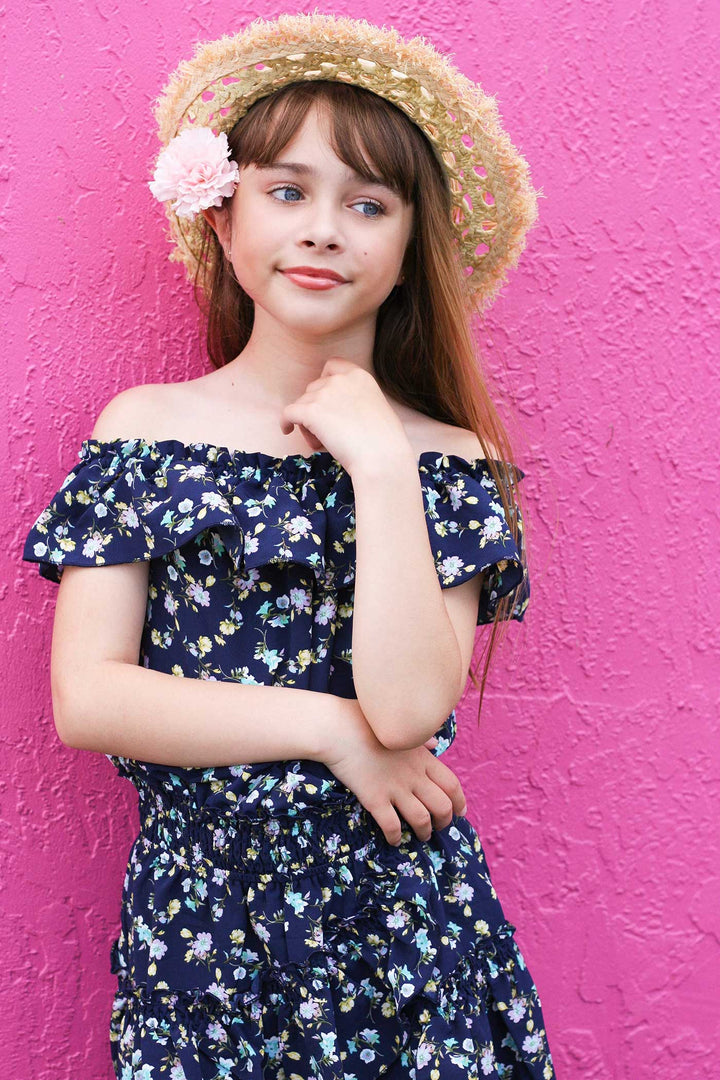 Big Girls Floral Print Ruffled Sleeveless Dress