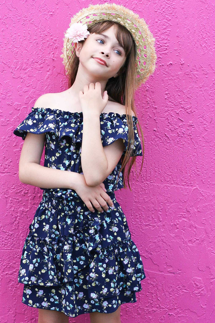 Big Girls Floral Print Ruffled Sleeveless Dress