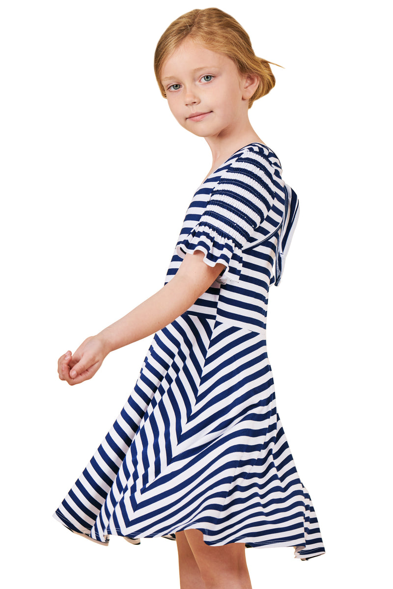 Big Girls Short Sleeve Fit and Flare Striped Knit Dress