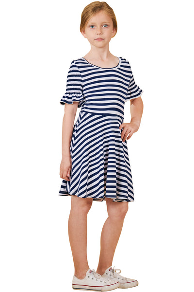 Big Girls Short Sleeve Fit and Flare Striped Knit Dress