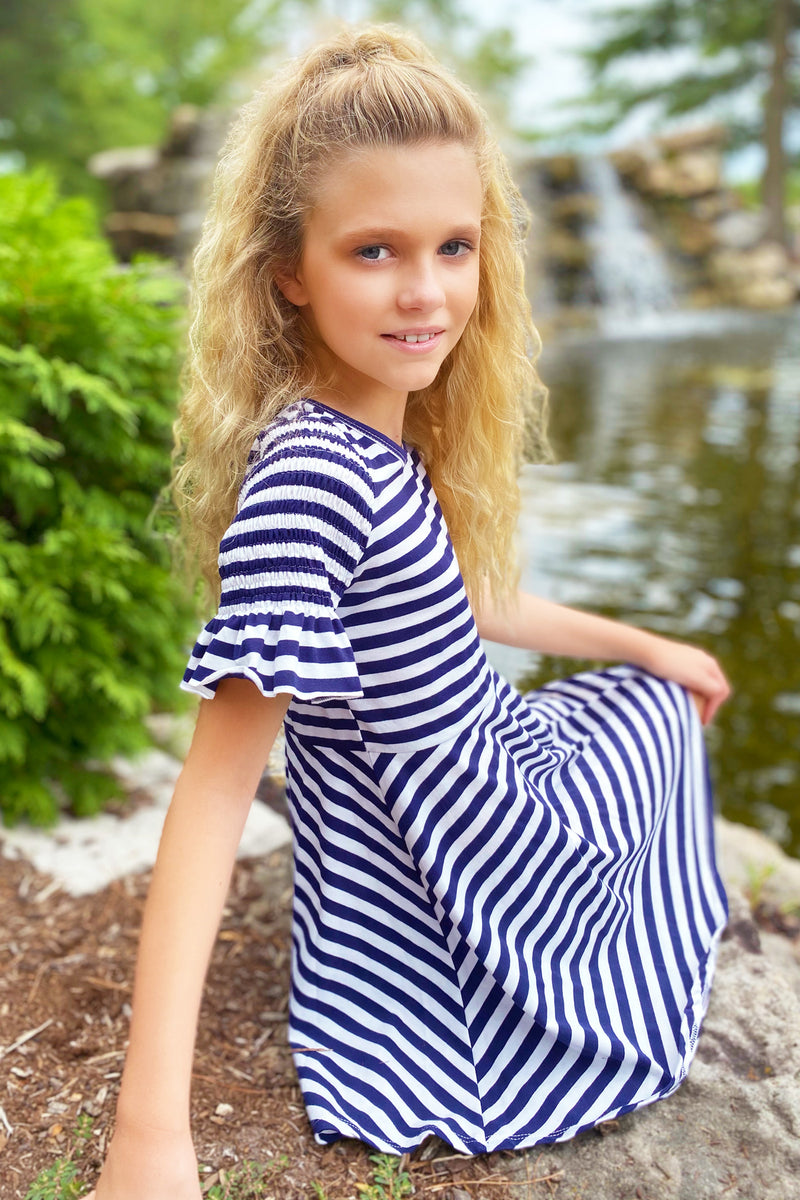 Big Girls Short Sleeve Fit and Flare Striped Knit Dress