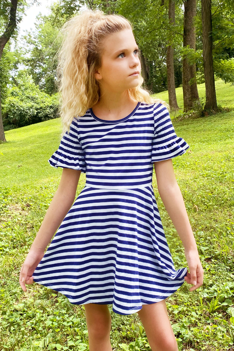 Big Girls Short Sleeve Fit and Flare Striped Knit Dress