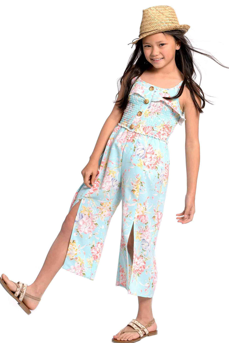 Truly Me Big Girls Floral Print Chiffon Jumpsuit with Front Slits Boho Chic Luxe Beach Vacation