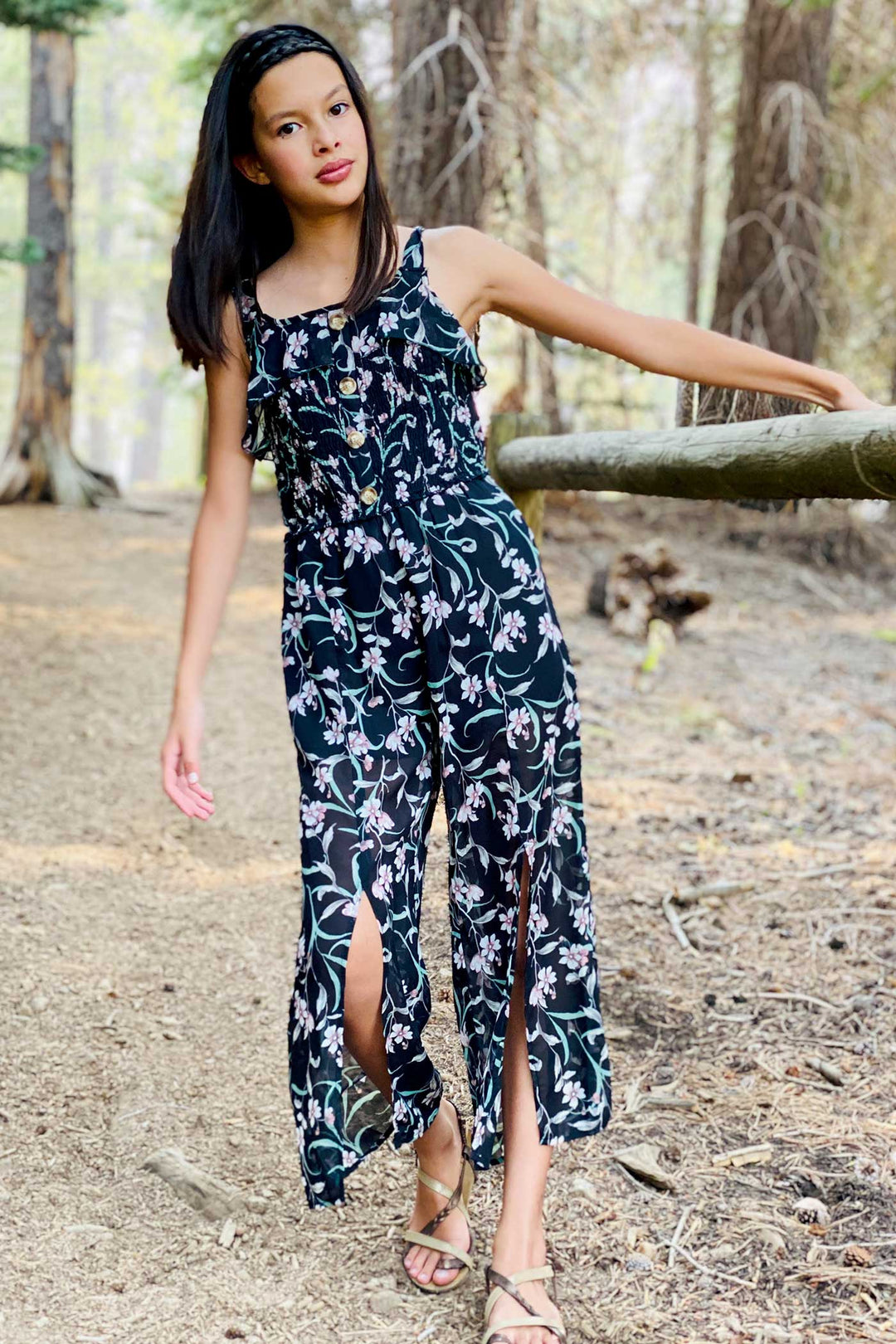 Truly Me Big Girls Floral Print Chiffon Jumpsuit with Front Slits