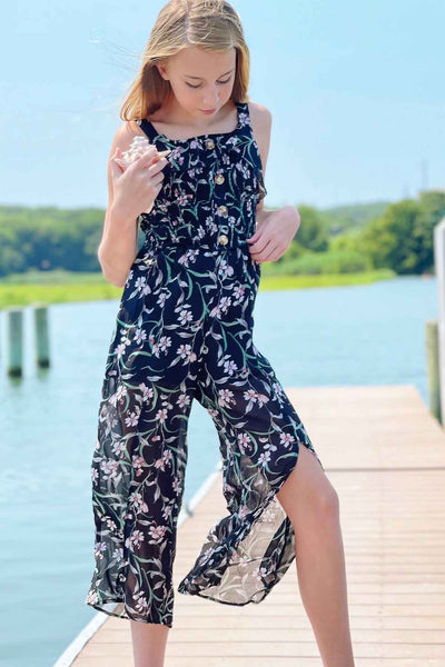 Big Girls Floral Print Chiffon Jumpsuit with Front Slits