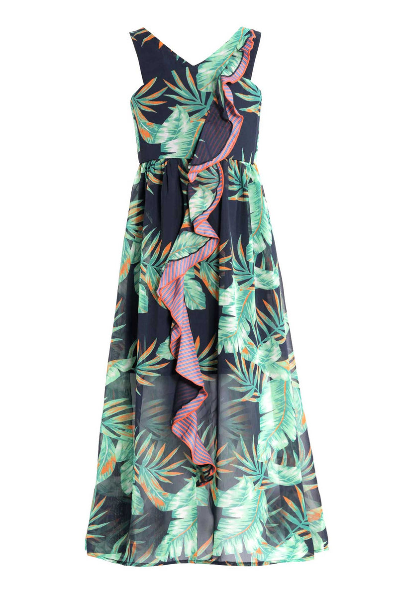 Big Girls Tropical Print Ruffled Maxi Dress