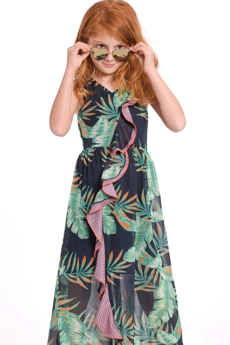 Big Girls Tropical Print Ruffled Maxi Dress