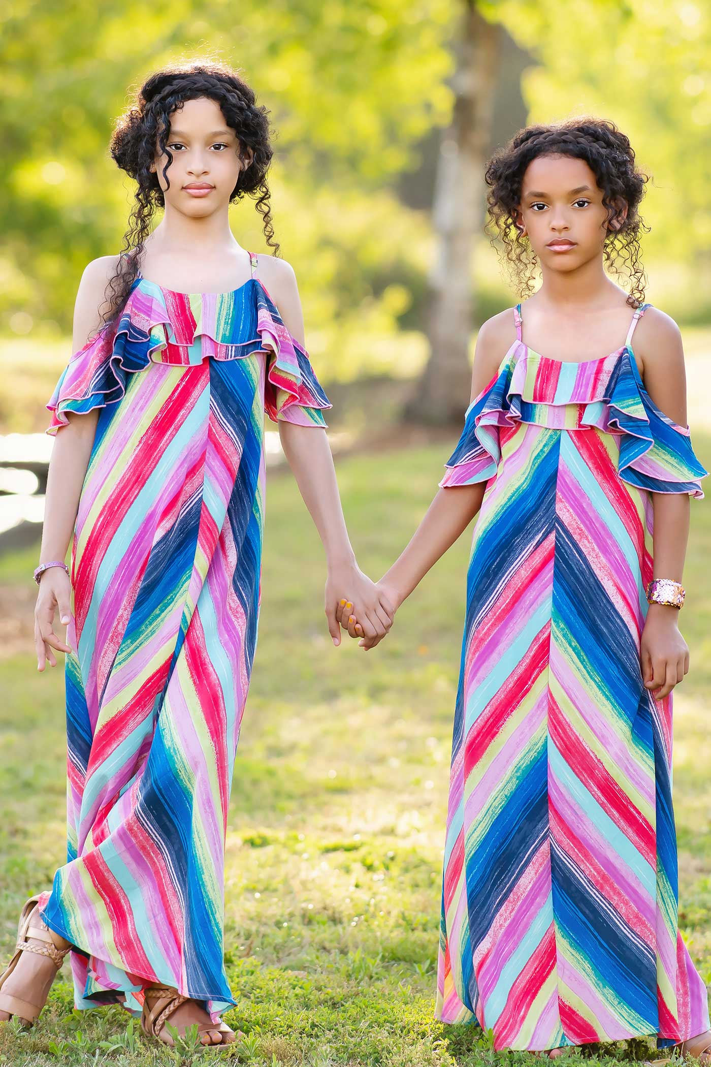 Big Girls | Tween Girls Rainbow Stripe Ruffle Maxi Slip Dress