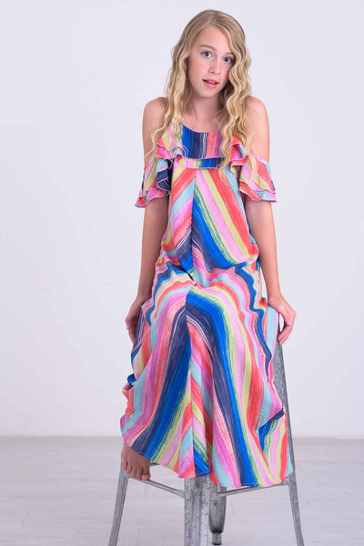 Big Girls | Tween Girls Rainbow Stripe Ruffle Maxi Slip Dress