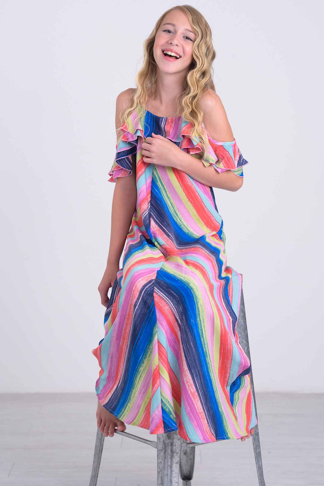 Big Girls | Tween Girls Rainbow Stripe Ruffle Maxi Slip Dress