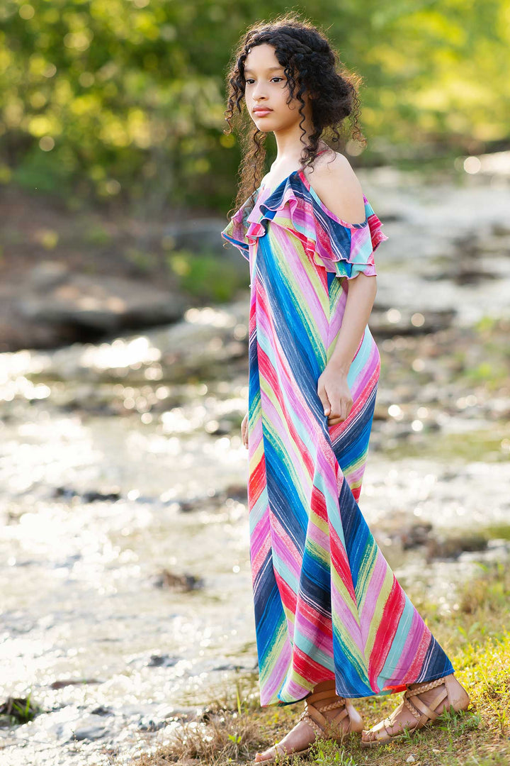 Big Girls | Tween Girls Rainbow Stripe Ruffle Maxi Slip Dress